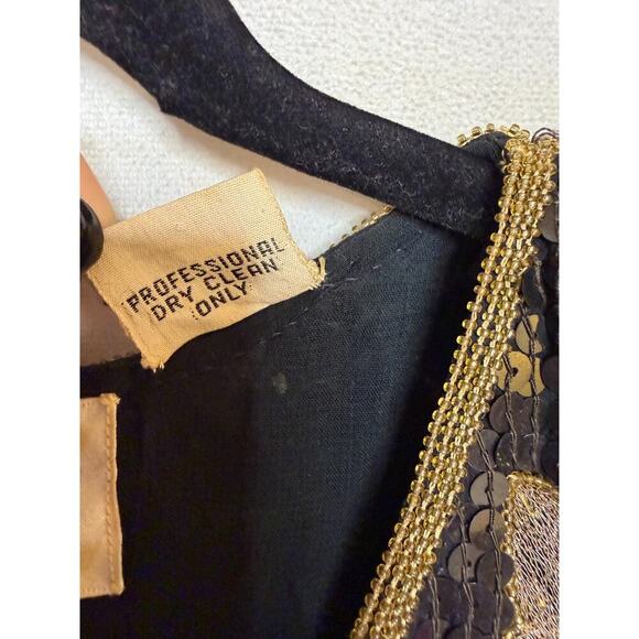 Vintage Sequin Drs Sz L Black Gold 100 Silk Festive Holiday Party Classic - Picture 3 of 7
